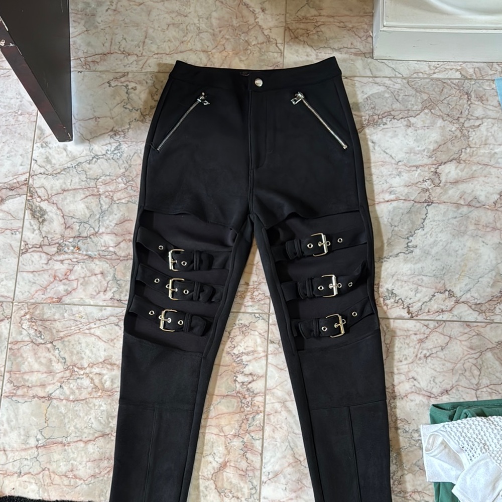 Black Pants with Buckle Straps and Zipper Details